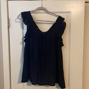 Black ruffle cap sleeve transparent hi-low dress shirt